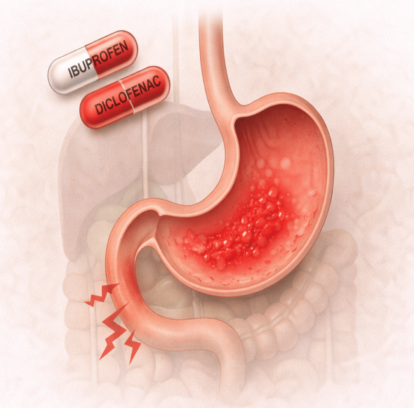 NSAIDs such as ibuprofen and diclofenac are usually the best first choice for stomach pain.